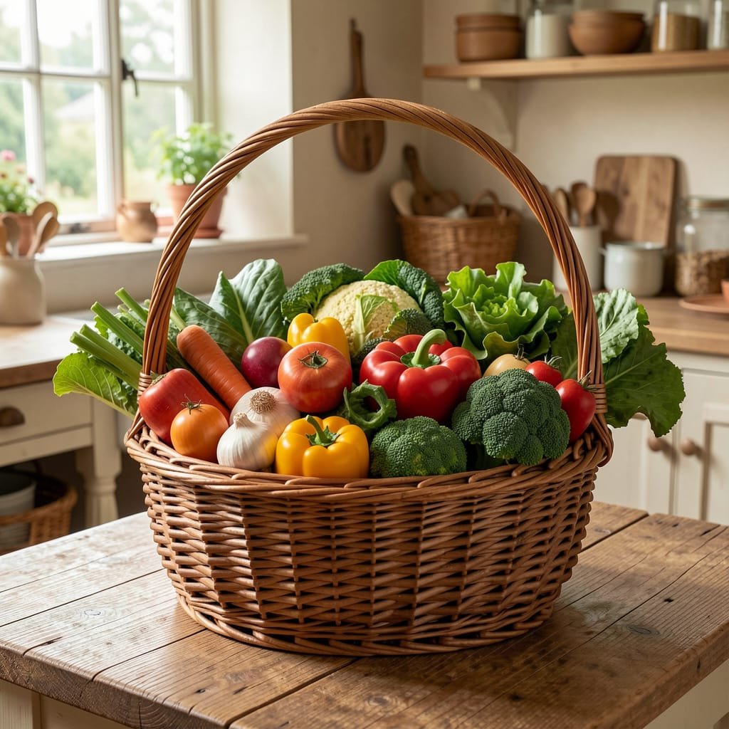 basket of beautiful and colorful veggies