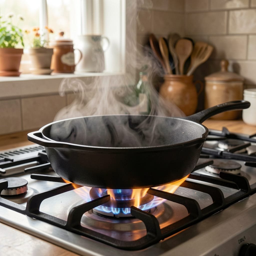 country kitchen gas stove with flames heating up a cast iron pan that is slightly smoking