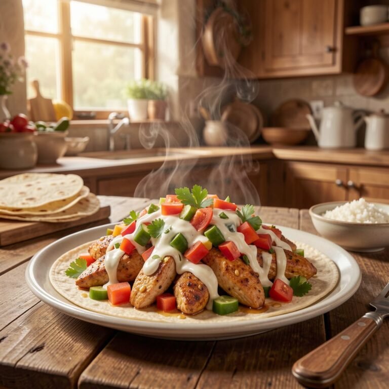 country kitchen counter top with a white plate of freshly home made chicen fajitas with brightly colored peppers