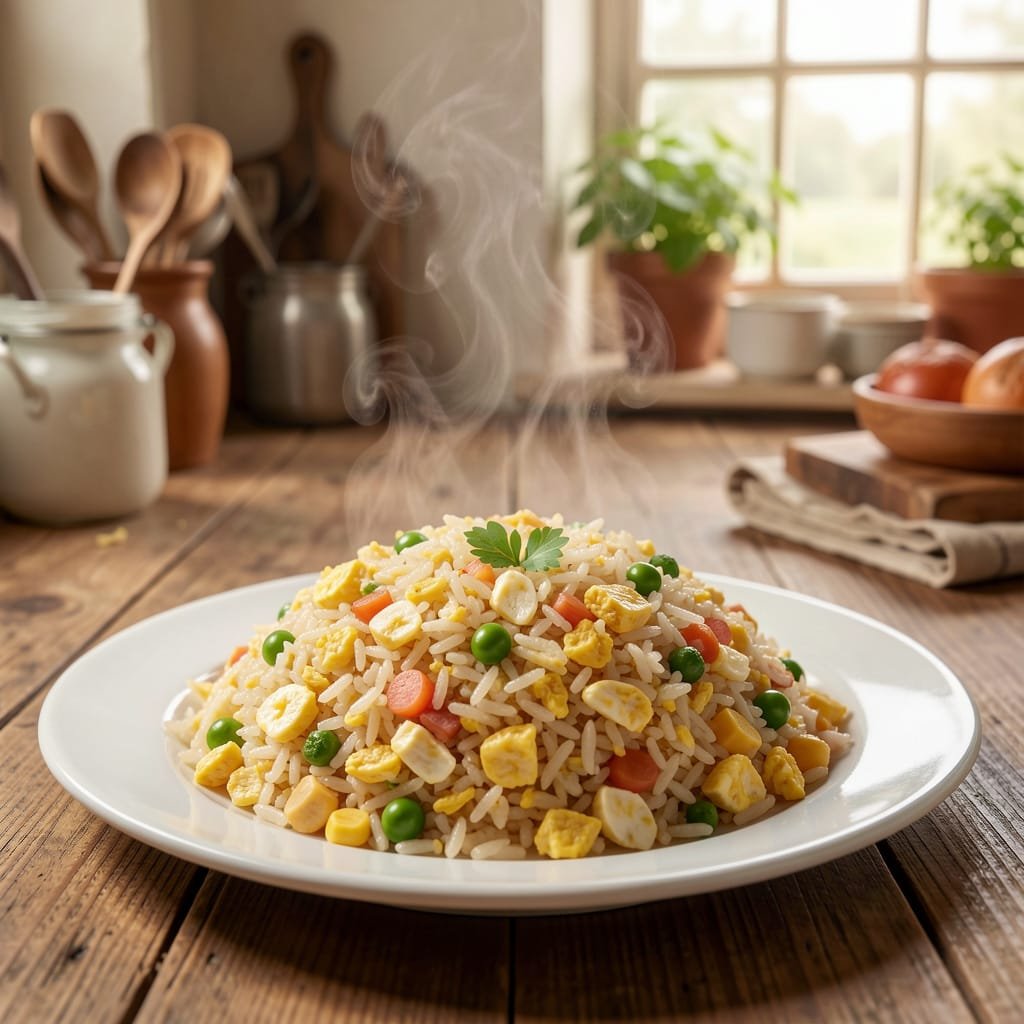 country kitchen white plate of delicious egg fried rice with peas and carrots