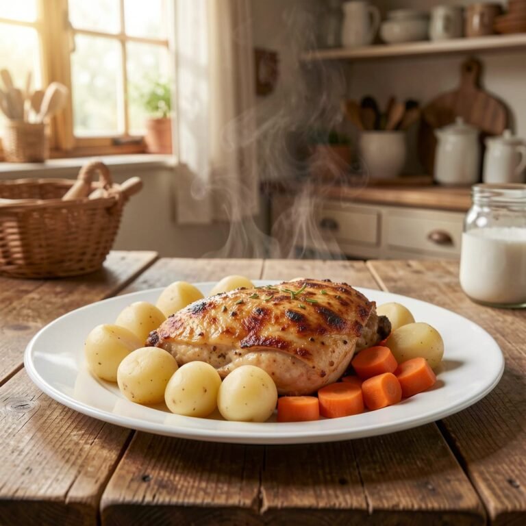 pan-roasted chicken thighs on a white plate with carrots and small white potaoes, country kitchen veggies