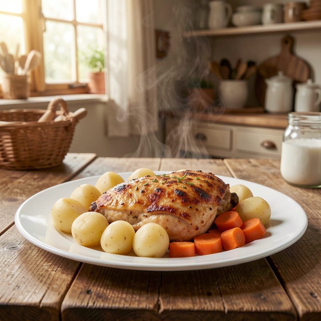 The "Never-Fail" Roasted Chicken & Veggies pan-roasted chicken thighs on a white plate with carrots and small white potaoes, country kitchen veggies