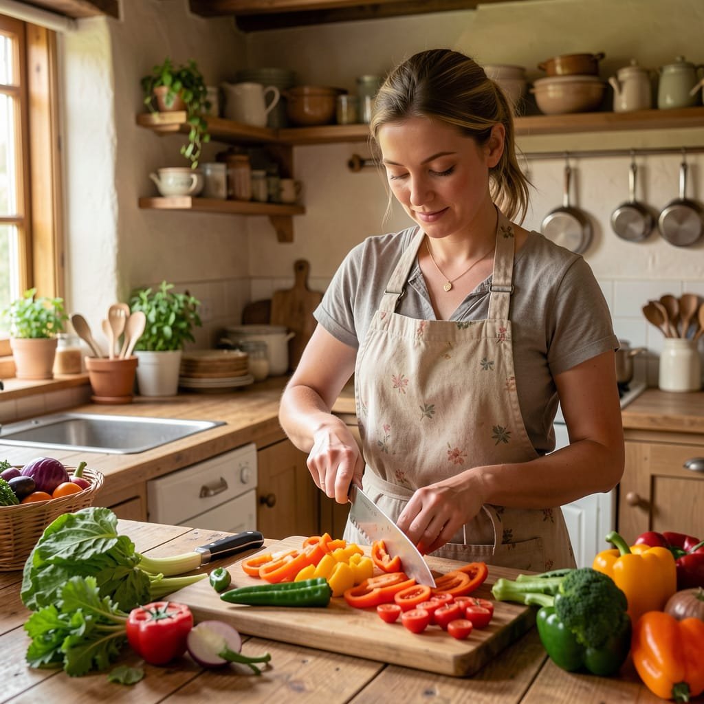 Young housewife in a country kitchen surrounded by colorful vegetables as she chops them for her recipe.