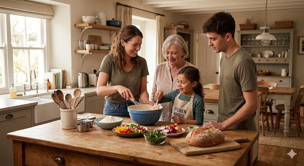 Mother, grandmother and 2 children watch mom and learn about cooking.