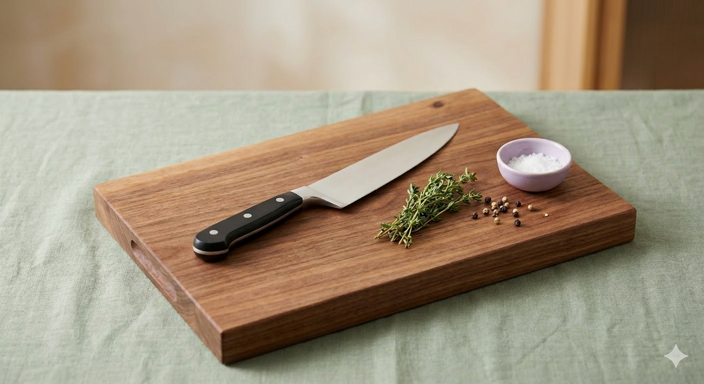 chef knife and cutting board with some herbs.
