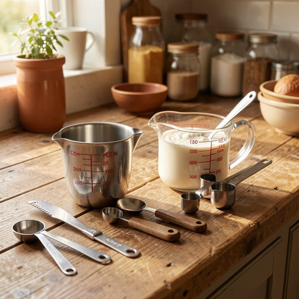 country kitchen, worn wooden countertop with liquid measuring cups and various measuring spoons.