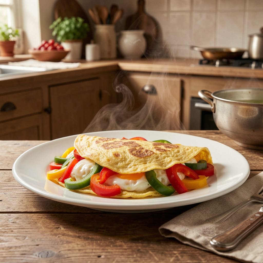 country kitchen, white dinner plate with an amazing looking home made omelet with brightly colored peppers.