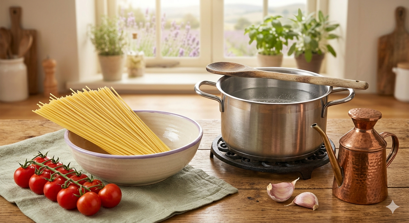 country kitchen countertop with a stainless steel pot of water, some uncooked spaghetti noodles, and some cherry tomatoes.