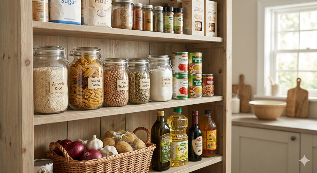 high quality image of a well stocked pantry in a country kitchen, dry goods and oils