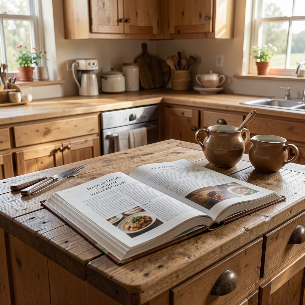 recipe book open on a worn wooden countertop in a country kitchen