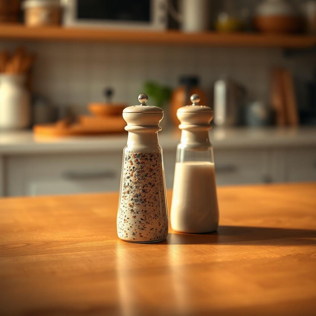 salt & pepper shaker on top of a country kitchen wooden table.