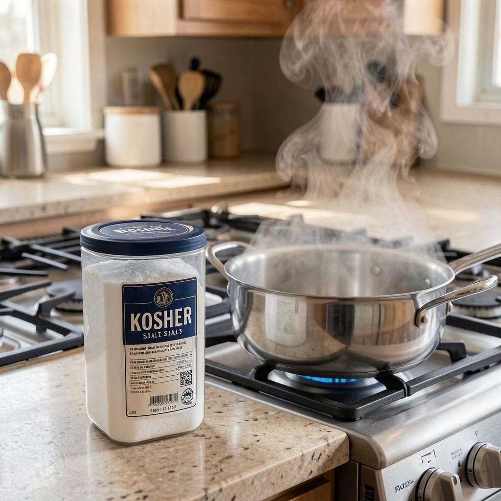 country kitchen stove top with a stainless steel sauce pan and a container of kosher salt.