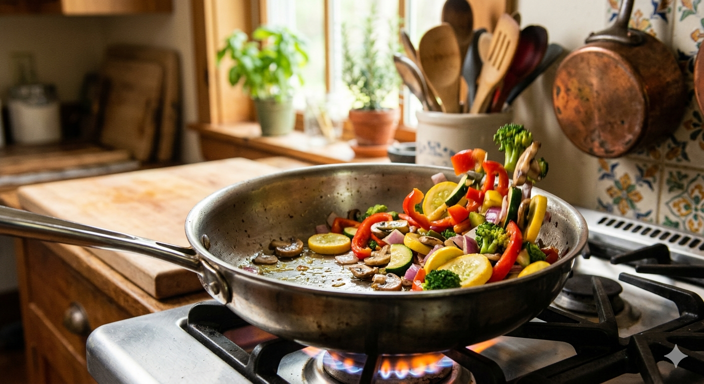 brightly colored vegetable being stirred in a stainless steel skillet in a country kitchen.