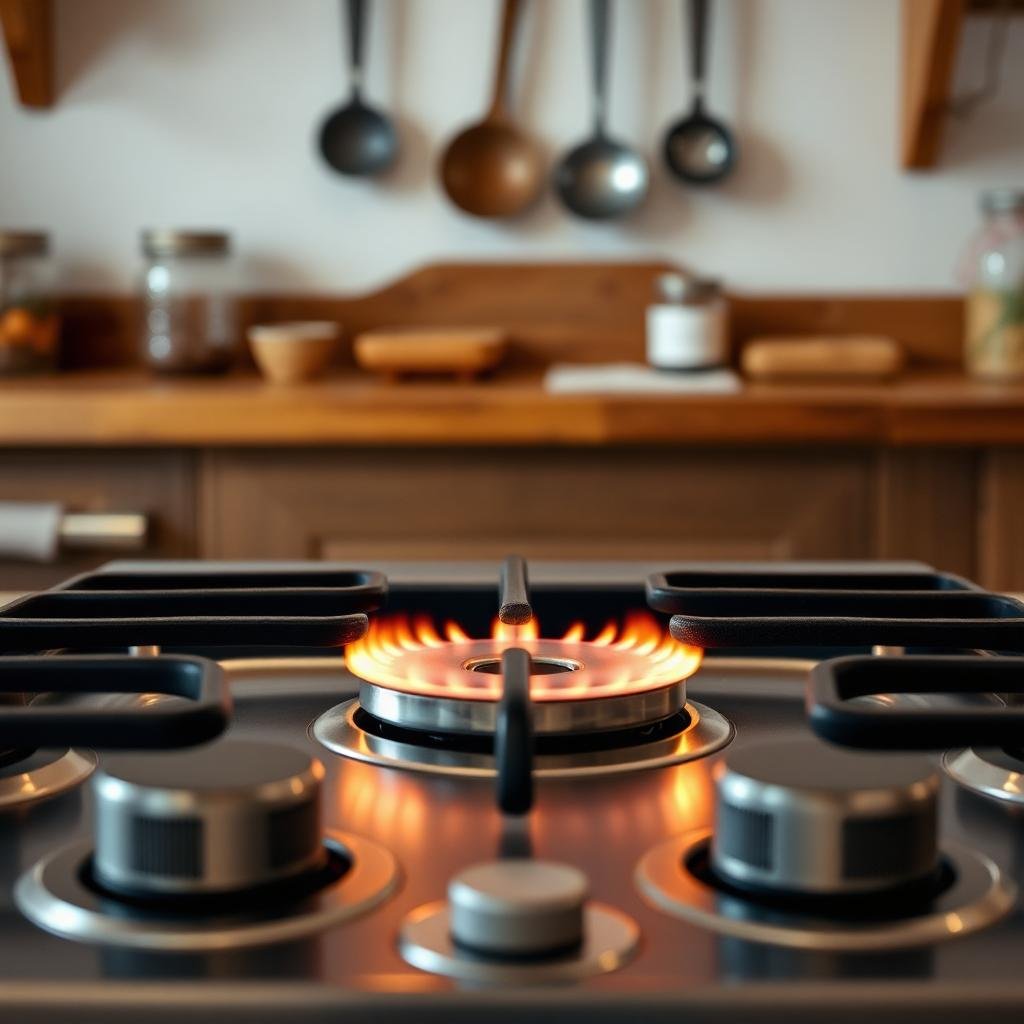 gas flames from a stove top burner in a country kitchen