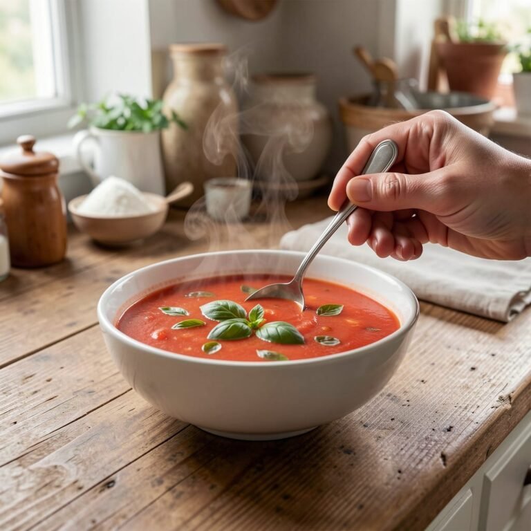 creamy home made tomato and basil soup on a country kitchen counter top with a hand holding a spoon digging into the soup