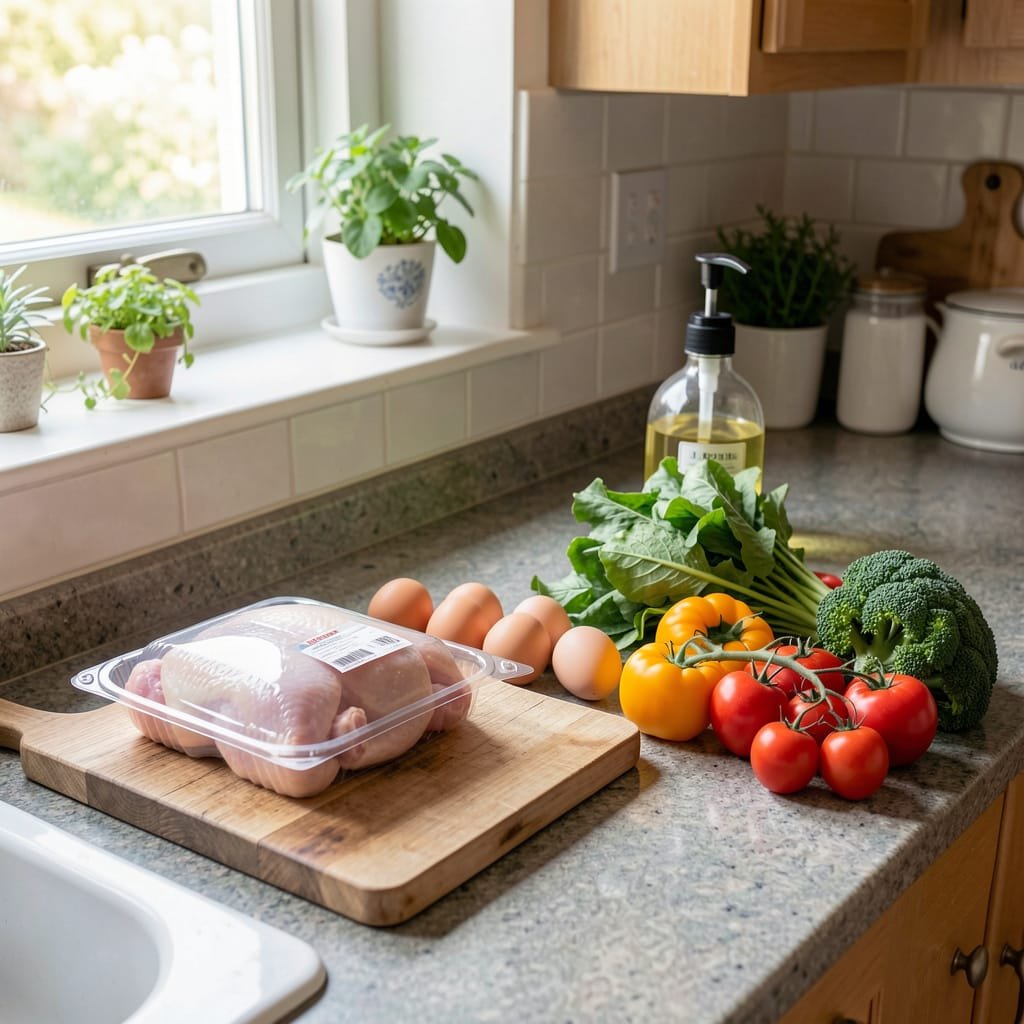 country kitchen with raw chicken, eggs and fresh garden vegetables on a countertop and a sink