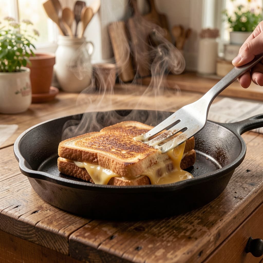 delicious grilled cheese being made in a steaming black cast-iron pan, country kitchen setting, beginner cooking skills