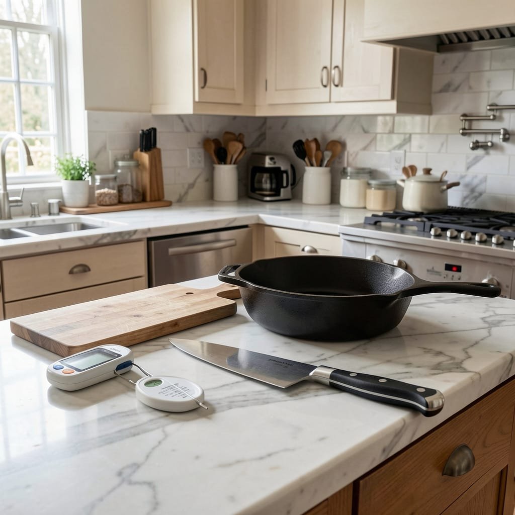 Country kitchen marble countertop with a digital thermometer, a chef's knife and a cast-iron pan