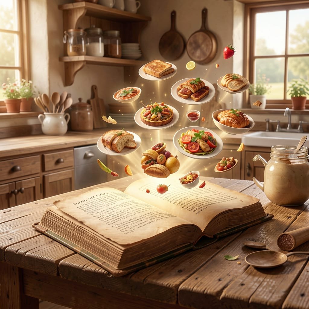 magical meals emanate from an old cook book sitting on a worn kitchen table in a country kitchen.