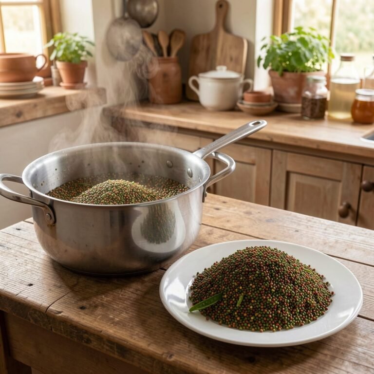 quinoa cooking in a pot and served on a white plate