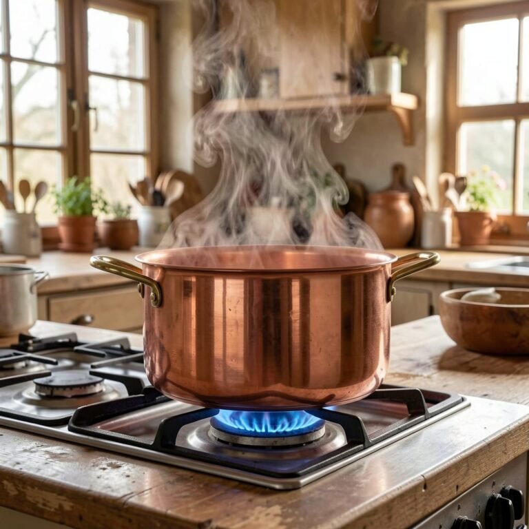 Copper pot steaming on a country kitchen stove