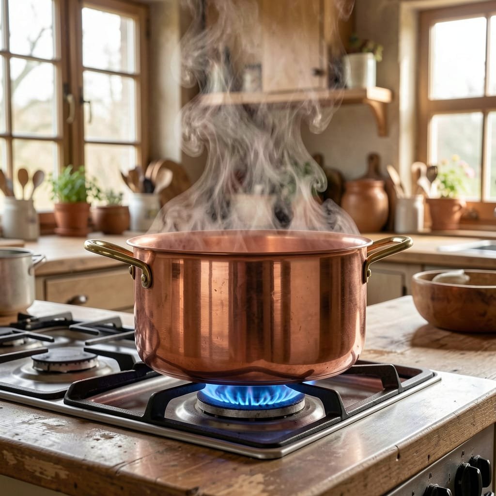 Copper pot steaming on a country kitchen stove