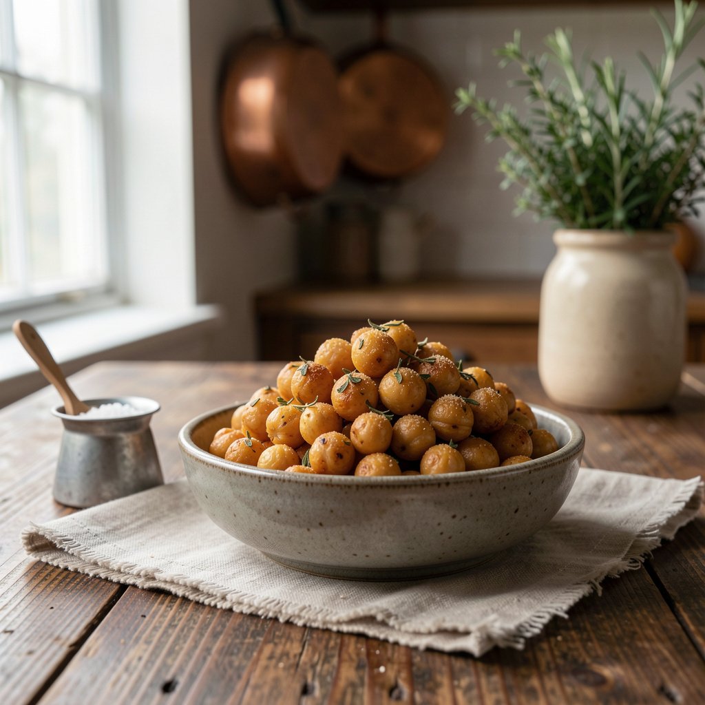 Crispy golden roasted chickpeas seasoned with garlic and dried herbs in a rustic ceramic bowl on a wooden country kitchen table.