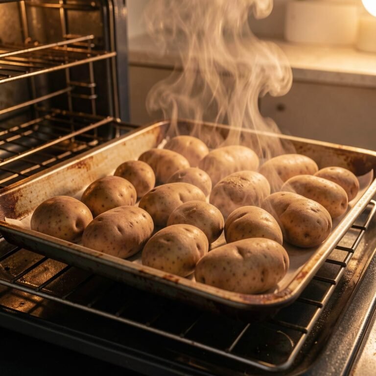 easy for a beginner baked russet potatoes coming out of the oven with steam rising.