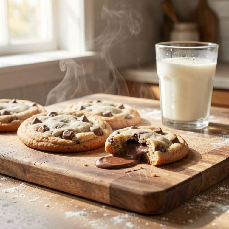 Fresh from the oven homemade chocolate chip cookies steaming on a dish with a galss of milk in the background