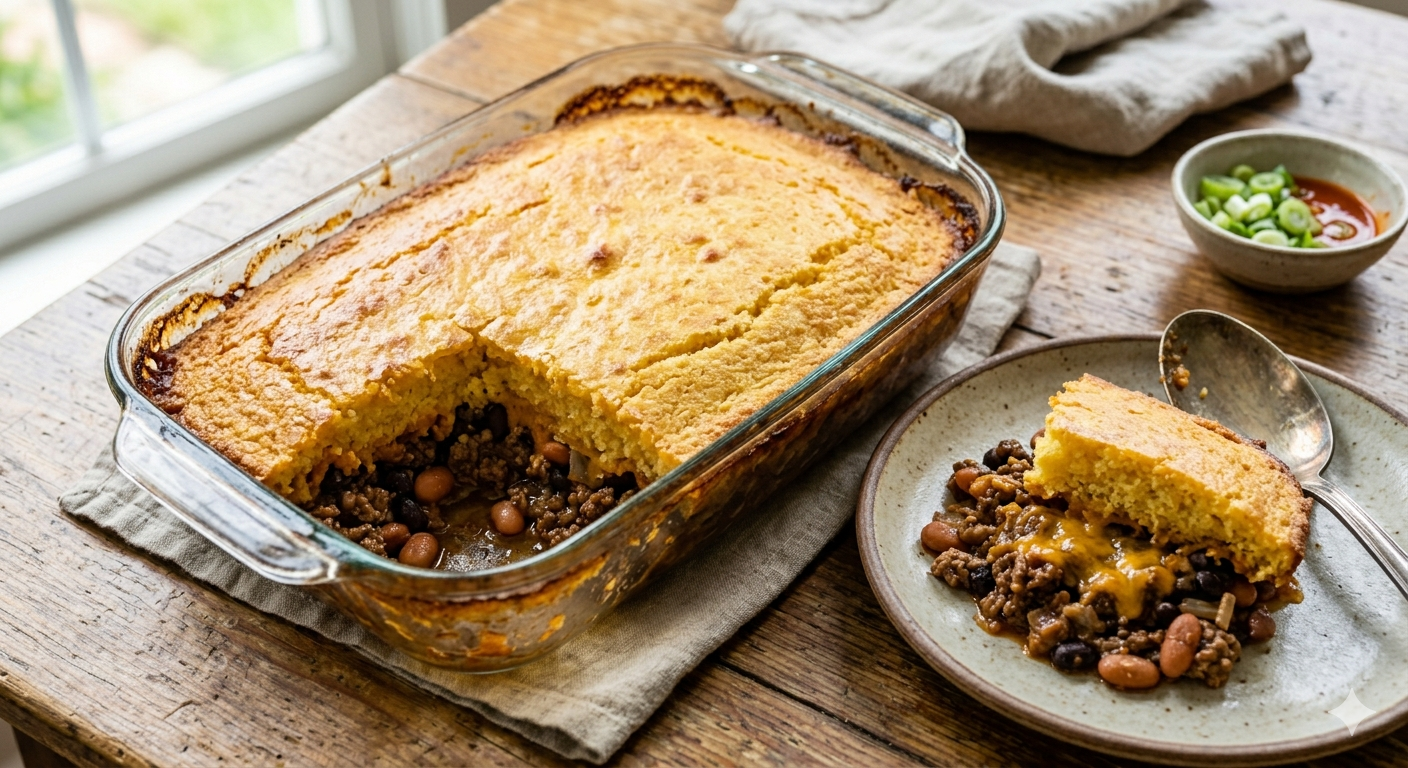 Cowboy Dinner in a glass casserole dish. It captures that essential golden-brown cornbread crust, with the savory beef and bean filling just visible beneath.