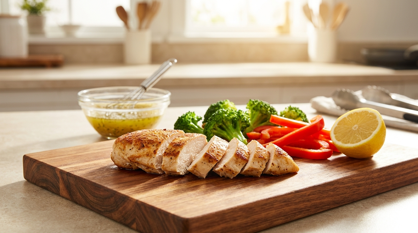 Cutting board with seared chicken and veggies beginner Diabetic meal
