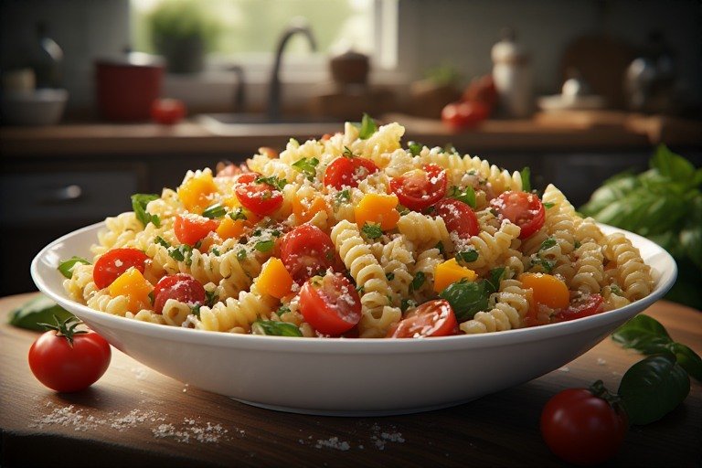 easy to make homemade pasta salad with multi-colored peppers, grape tomatoes with fresh basil and Parmesan cheese grated on top
