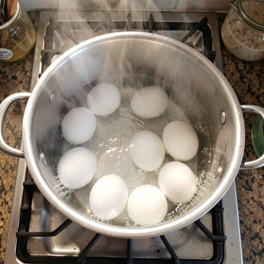 Easy for beginners how to hard boil eggs. Photo of pot of water boiling with eggs in the pot
