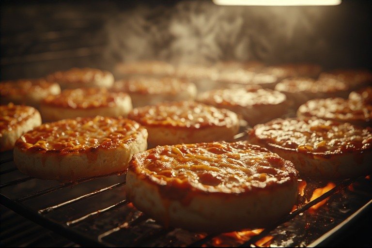Easy to make for a beginner English muffin pizza with pizza sauce and bubbly melted cheese fresh from the oven