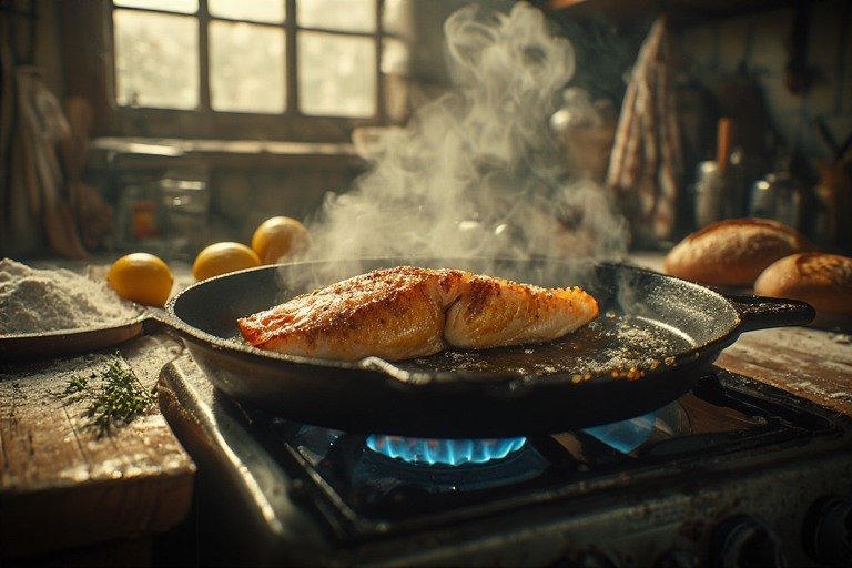 Beginner course of frying a fish, cast-iron pan, steam rising from the fish