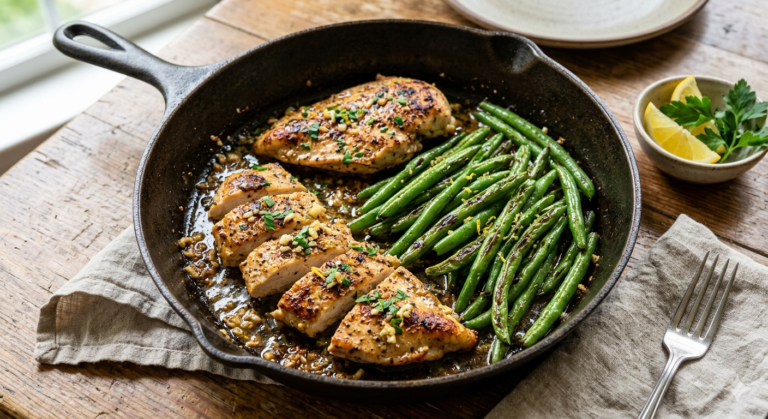 Garlic Butter Skillet Chicken and fresh green beans, highlighting the texture of the seared chicken and the vibrant color of the vegetables right in the cast-iron pan.