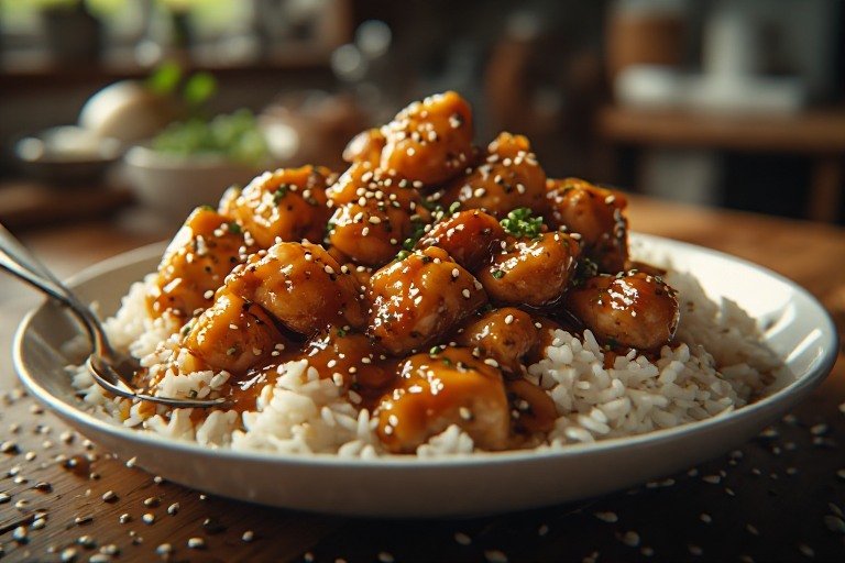 Beautiful beginner friendly homemade honey chicken over white rice.