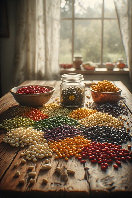 country kitchen table full of different sizes, colors and types of legumes