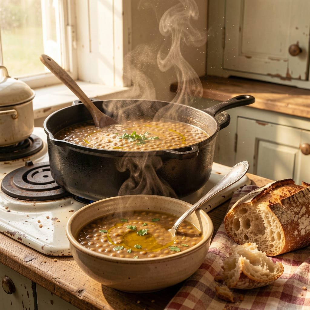 Warm and inviting homemade lentil soup served with fresh from the oven bread.