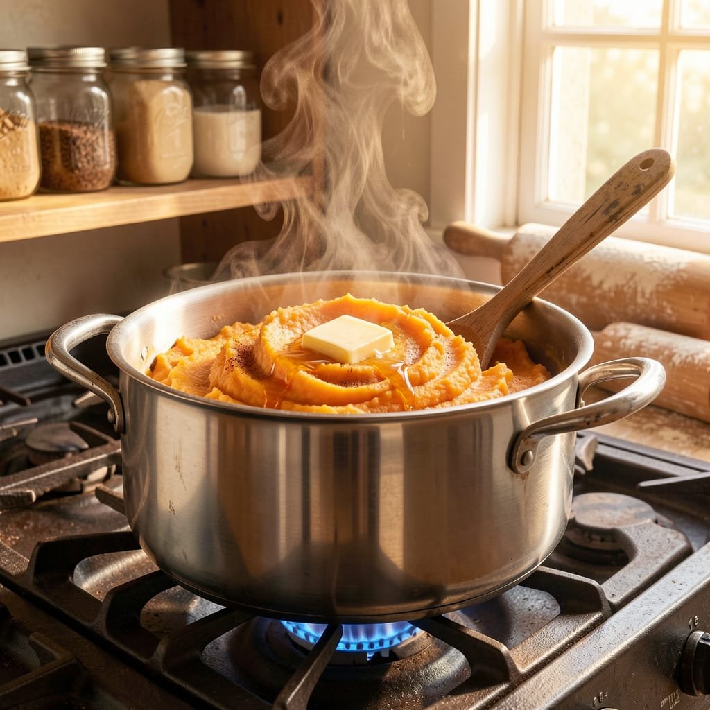 stainless steel pot with freshly made mashed sweet potatoes