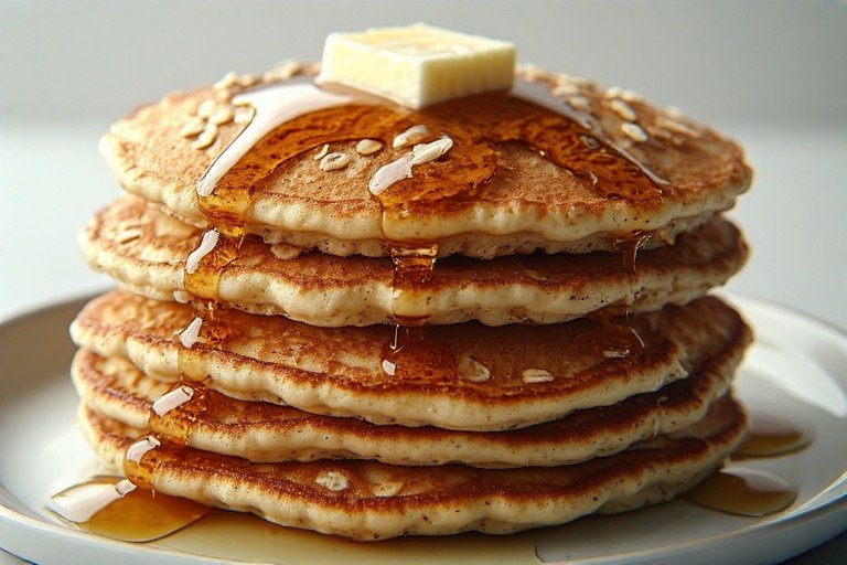 Stack of delicious 3-ingredient homemade Gluten-Free Oat Pancakes with a pat of butter on top and maple syrup dripping down the side