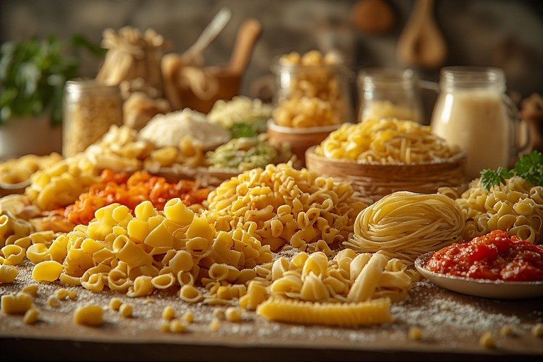 Pasta, all different types and shapes in a country kitchen setting