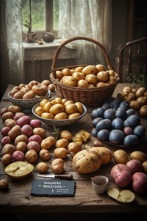 A country kitchen table filled with all sorts of potato varieties
