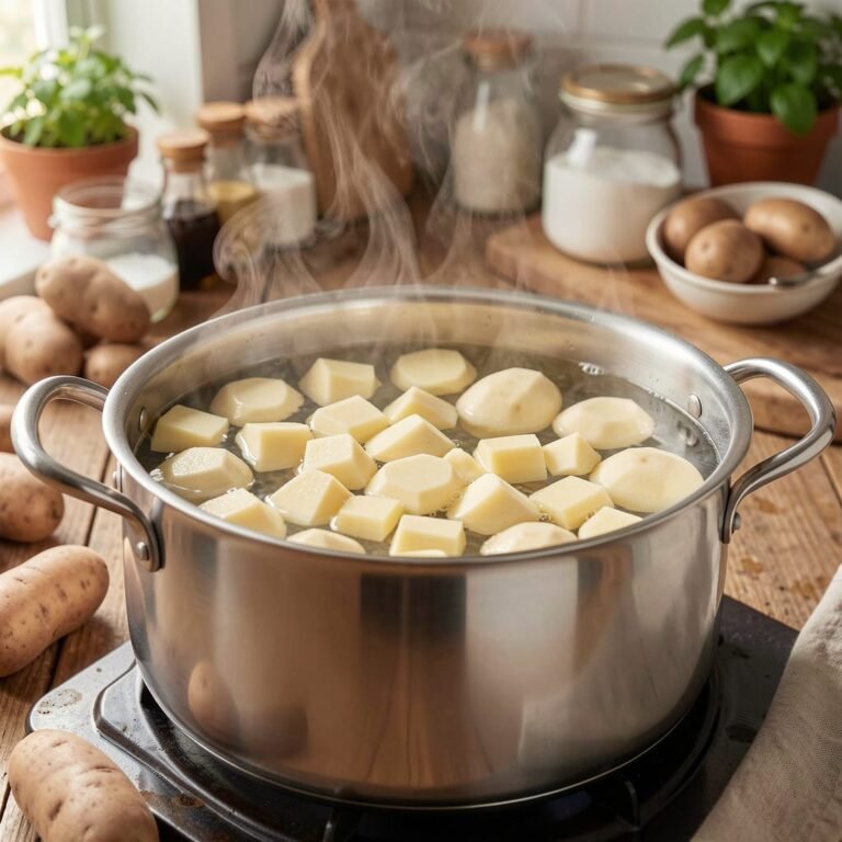 beginner tips shiny stainless steel pot of potatoes boiling