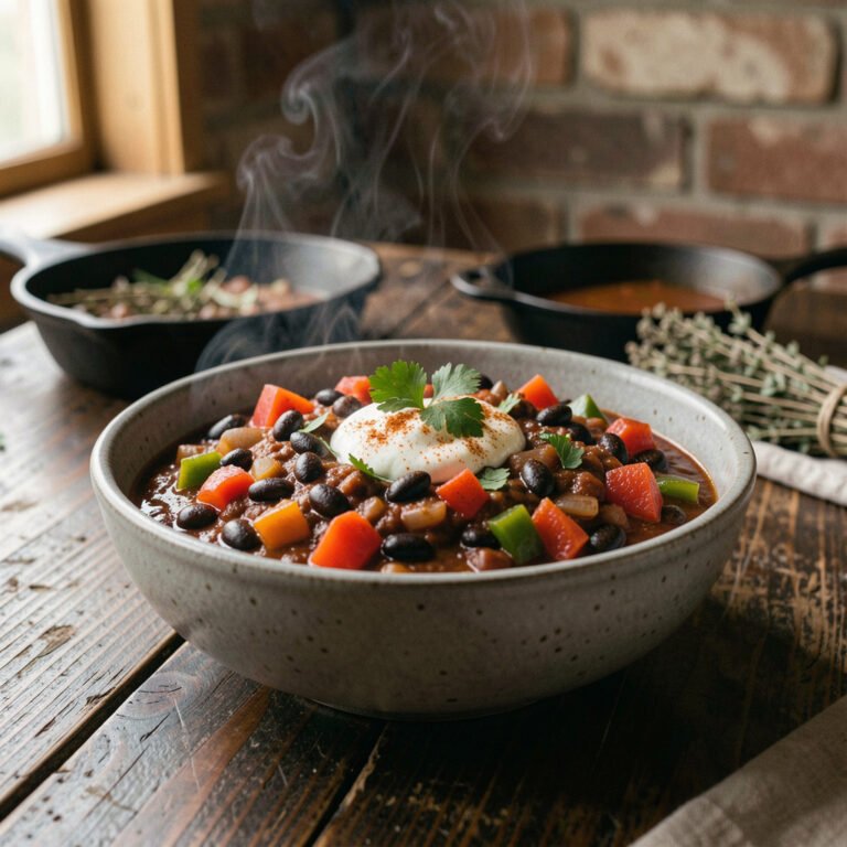 Smoky vegetarian black bean chili topped with fresh cilantro and crema, served in a speckled ceramic bowl in a rustic country kitchen.