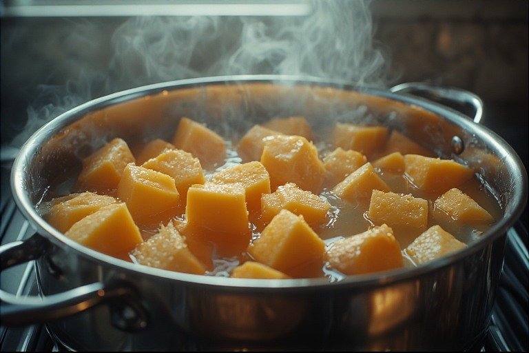 Easy for beginners sweet potato boiling in a pot with steam rising