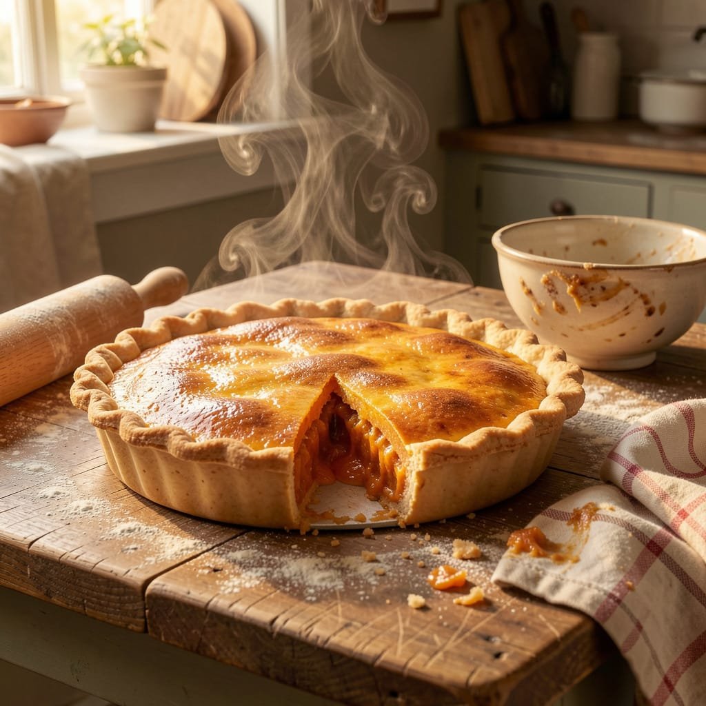Homemade fresh from oven sweet potato pie in a country kitchen