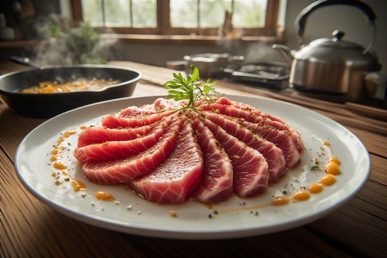 Easy and beautiful fresh Ahi Tuna on a serving dish country kitchen background.