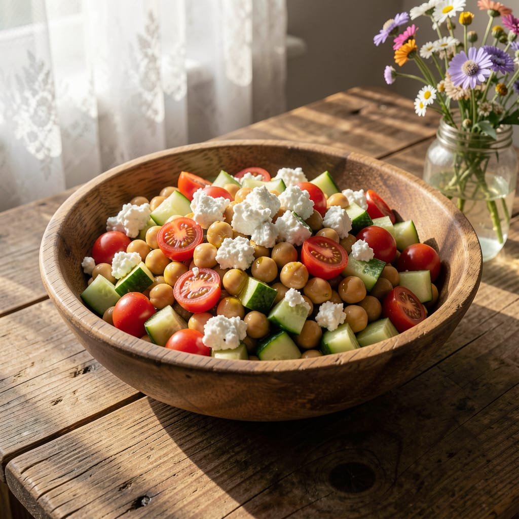 A refreshing, fiber-packed vegetarian salad featuring protein-rich chickpeas, crisp cucumbers, and a simple olive oil dressing. No cooking required!