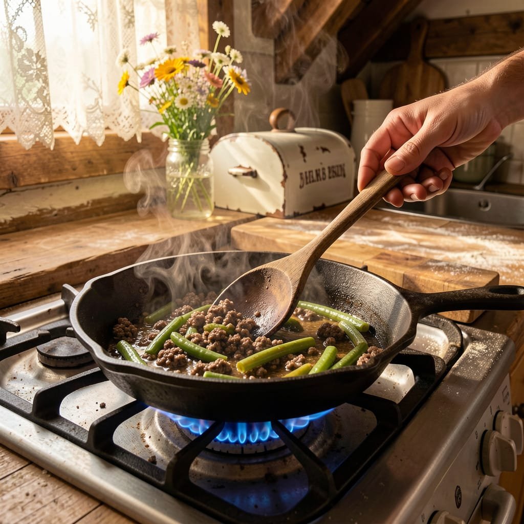 A fast, high-protein skillet dinner combining savory ground beef and fresh green beans. Perfect for stable blood sugar and easy weeknight cooking.